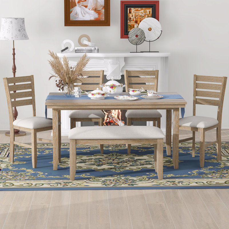 Table et chaises de salle à manger avec banc, ensemble de salle à manger en bois rustique, ensemble de 6, Brun