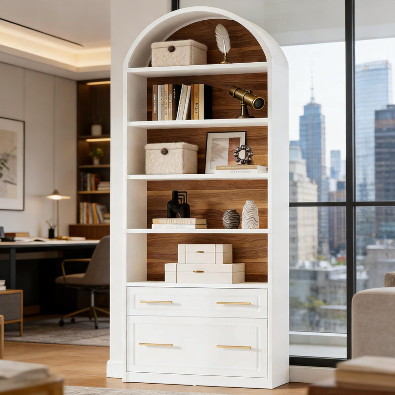 Tablette utilitaire, bibliothèque arquée, bibliothèque élégante deux tons, Oak,White