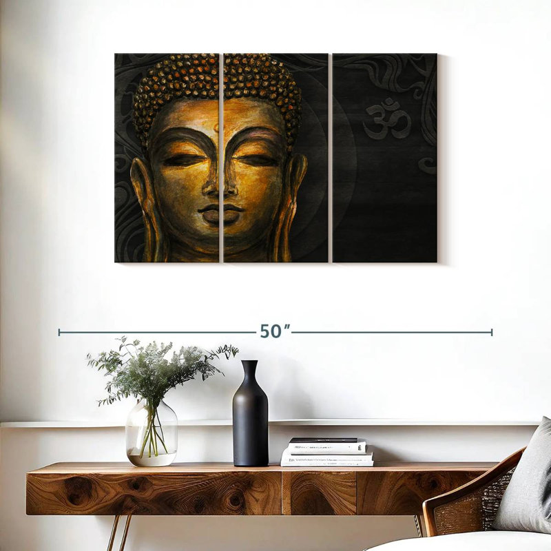 Ensemble de 3 pièces d'art sur toile, "Gautama Buddha Om", H 38 po x l 24 po x P 1,25 po