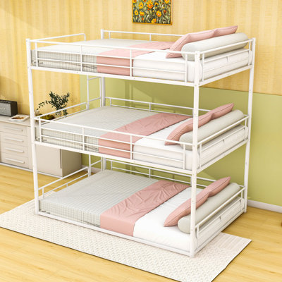 Metal Triple Bunk Bed with Guardrails, Noise-Reduced Slat System