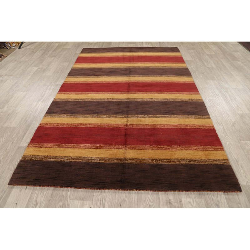 Tapis rouge / jaune / brun en laine noué à la main de conception unique 5 pi 4 po x 8 pi 4 po New Age