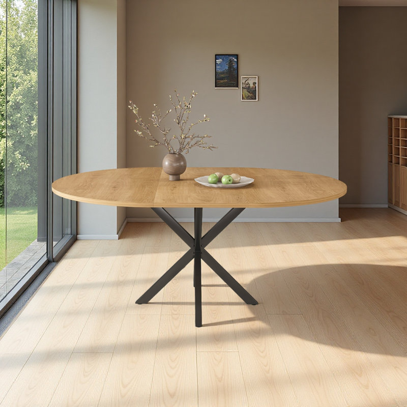 Extendable Round Dining Table For 2-6 Person, 43 To 58 Inch Oak Finish Expandable Table With Carbon Steel Base