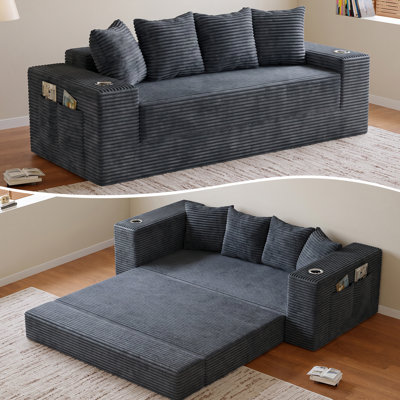 78" Convertible Sofa Bed, Corduroy Pull Out Couch Loveseat with Storage Pocket, Modular Design, No Assembly, Gray