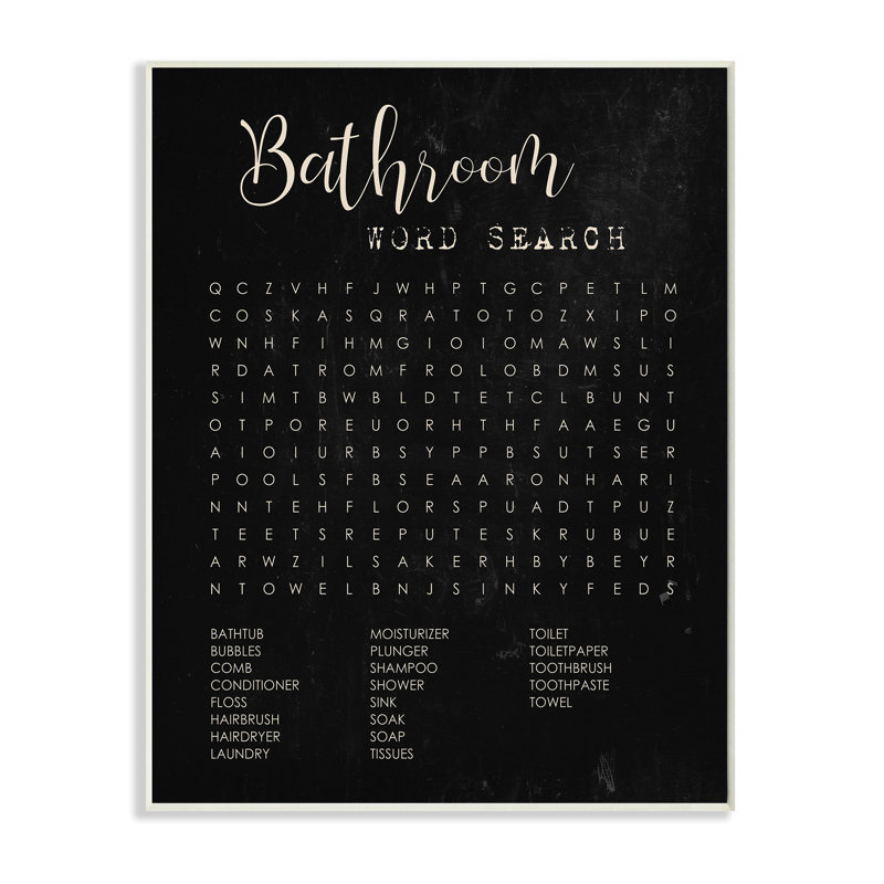 Salle de bain, recherche de mots sur fond noir vieilli, H 15 po x l 10 po, Plaque murale