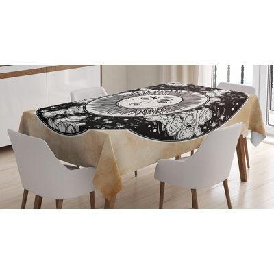 Mystic Tablecloth, Sun Face In A Circle Motif Esoteric Inner Power Of The Cosmos Theme, Rectangular Table Cover For Dining Room Kitchen Decor, 52" X 70", Black White Cream