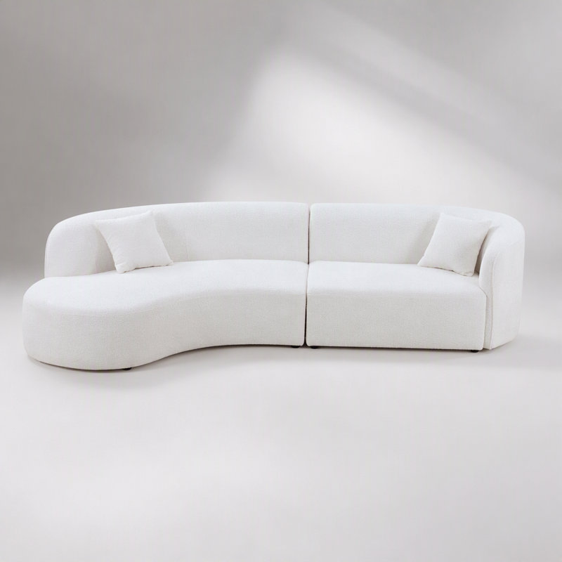 Canapé d'angle incurvé avec méridienne, 2 pièces, style moderne et luxueux, revêtement en tissu bouclé blanc, angle gauche