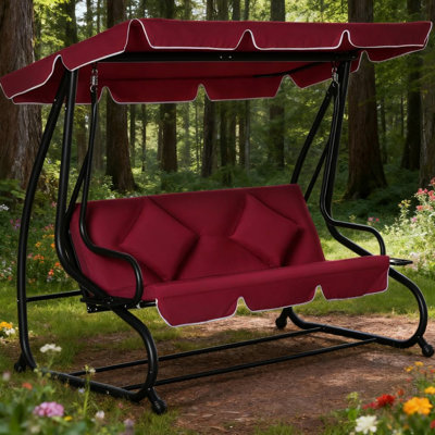 Balançoire rouge à 3 places avec auvent, coussin amovible et porte-gobelets, pour les espaces extérieurs dans le porche de la cour arrière, convertible en lit, structure en acier thermolaqué Capacité de 748 lb