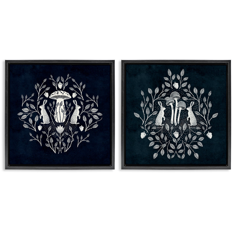  «Boho Mirrored Floral Bunnies», ensemble de 2 toiles flottantes encadrées par Katie O'Shea, H 18 po x l 18 po