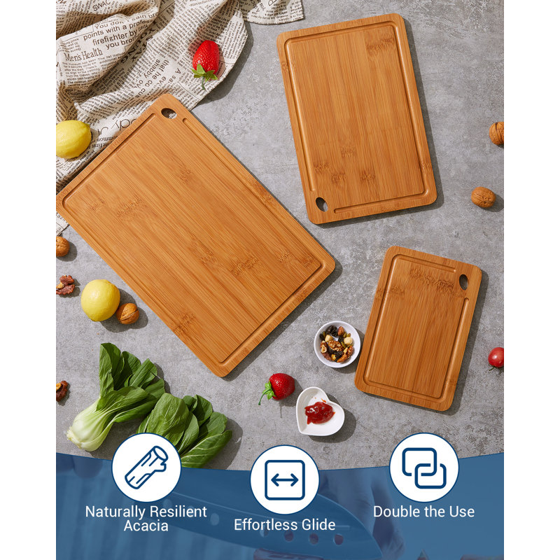 Ensemble de 3 planches à découper en bambou avec rainures profondes et poignée intégrée pour la cuisine