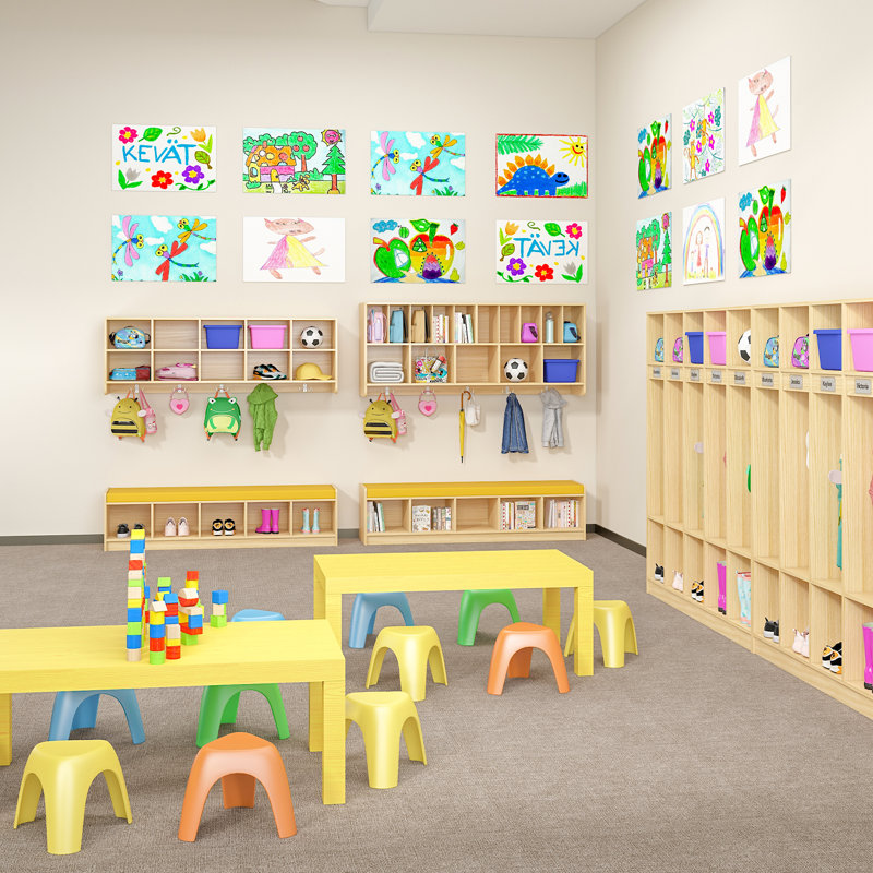 Wall-Mounted Classroom Storage Cabinet with Bench, Compartment Storage Cabinet with Storage Seat