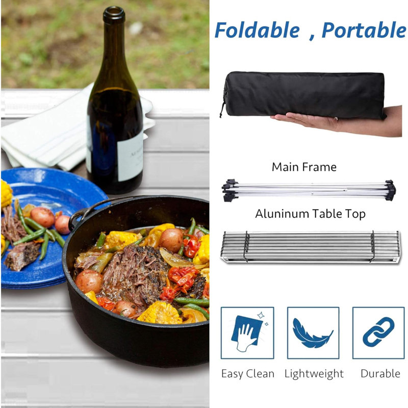Table de camping pliante avec plateau en aluminium pour le sable et sac de transport, Blanc
