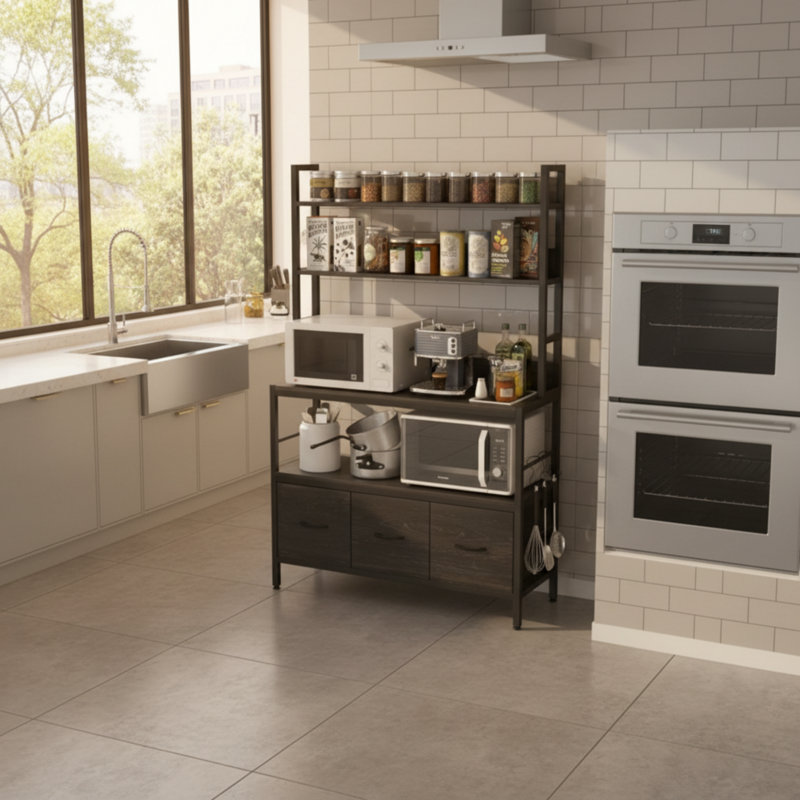 5-Tier Freestanding Metal Storage Rack With Integrated Microwave Rack, Hooks And Baskets, Perfect For Kitchen Organization.