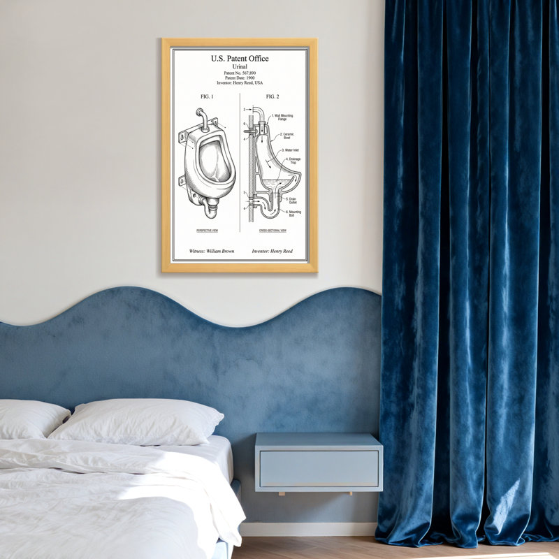 Dessin technique d'un brevet d'urinoir pour le bain et la lessive, H 36 po x l 24 po, Toile tendue, Ne s’applique pas