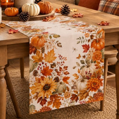 Fall Table Runner 13×108 in with Fall Decor Pumpkin, Sunflower&Leaf