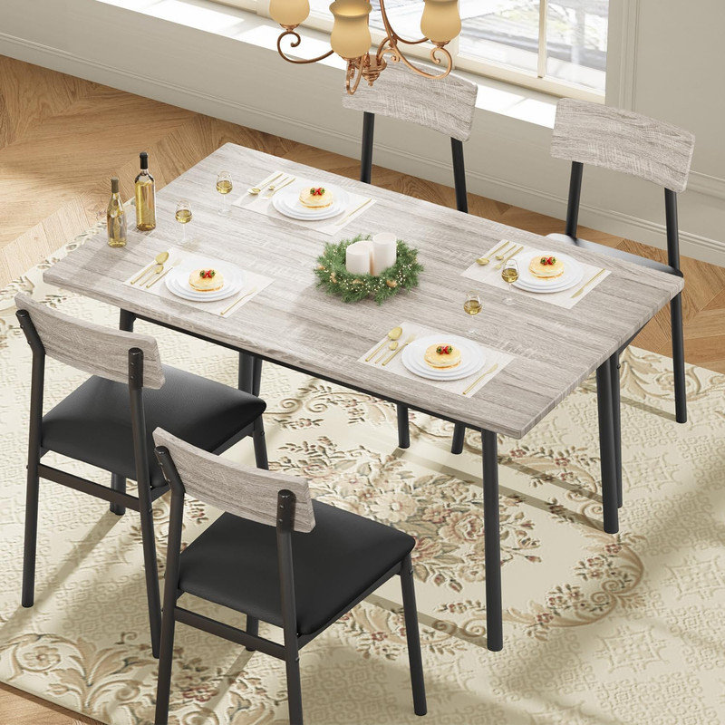 Ensemble de table de salle à manger 5 pièces avec chaises rembourrées - Table de cuisine en bois et structure en métal, bord lisse, conception peu encombrante pour la salle à manger, appartement