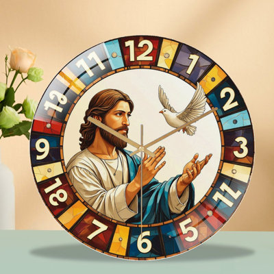 12-Inch Silent Tempered Glass Wall Clock, " Jesus Christ Wall Clock Inspirational Art Design ” Silent Non-Ticking Clock, Battery Operated (AA Batteries Not Included), Artistic Home Decor