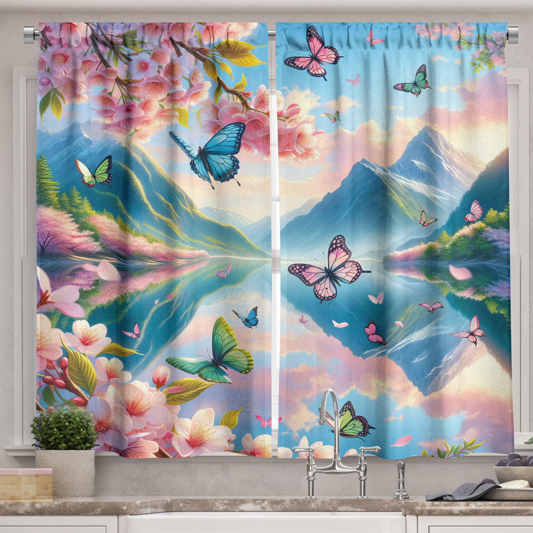 Ambesonne Lake Kitchen Curtain Butterflies Cherry Blossoms Pink Sky Blue Green (Set of 2) Ambesonne