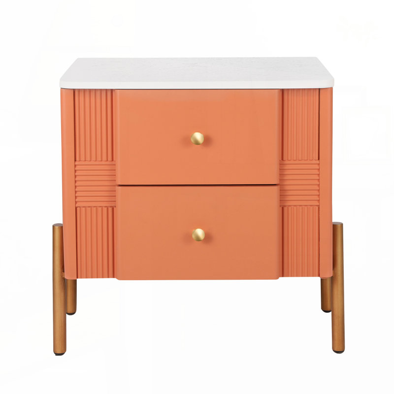 Danny Wooden Nightstand With 2 Storage Drawers & Metal Legs, Orange