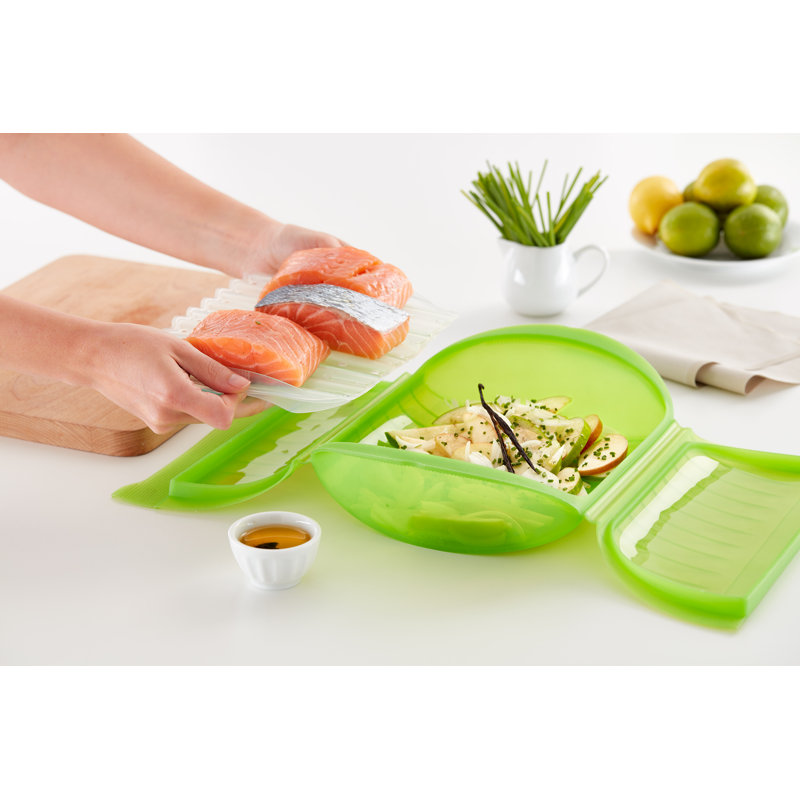Lékué Platinum Silicone Steam Cooker With Tray & 10 Minute Cookbook, 3-4 p., Green