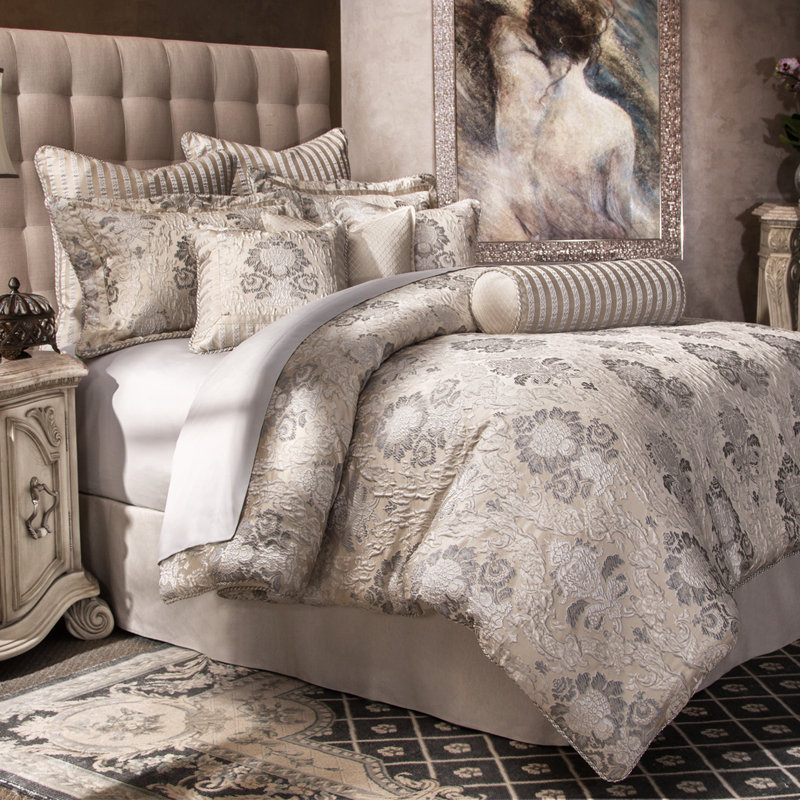 Sycamore Grove Ivory and Silver Queen Comforter Set with Decorative Pillows