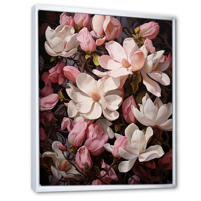 Rose, blanc, magnolia et magnolia - Étreinte, H 20 po x l 12 po x P 1 po, Cadre flottant blanc
