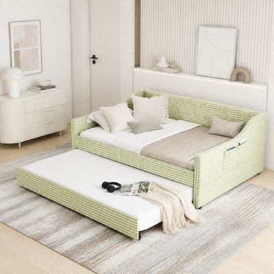 Upholstered Convertible Daybed with Tufted Button Backrest, 3‑in‑1 Versatile Sofa Bed with Pull‑Out Trundle & Side Storage