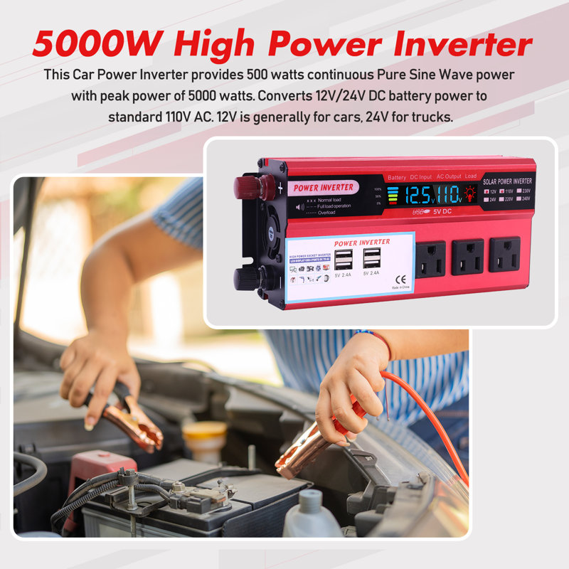 BAOKALER 5000W Convertisseur de courant continu de voiture 12V à AC 110V LCD