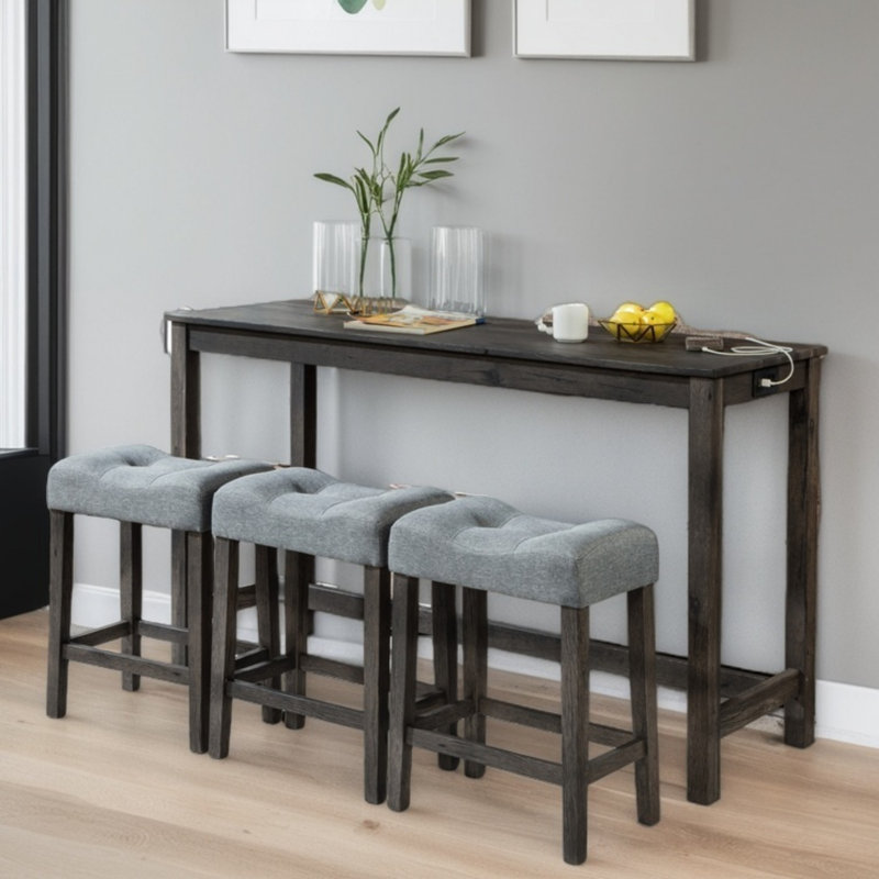 Power-Equipped 4-Piece Bar Set With 3 Padded Stools, Behind Sofa Table For Living Room & Kitchen, Dark Gray