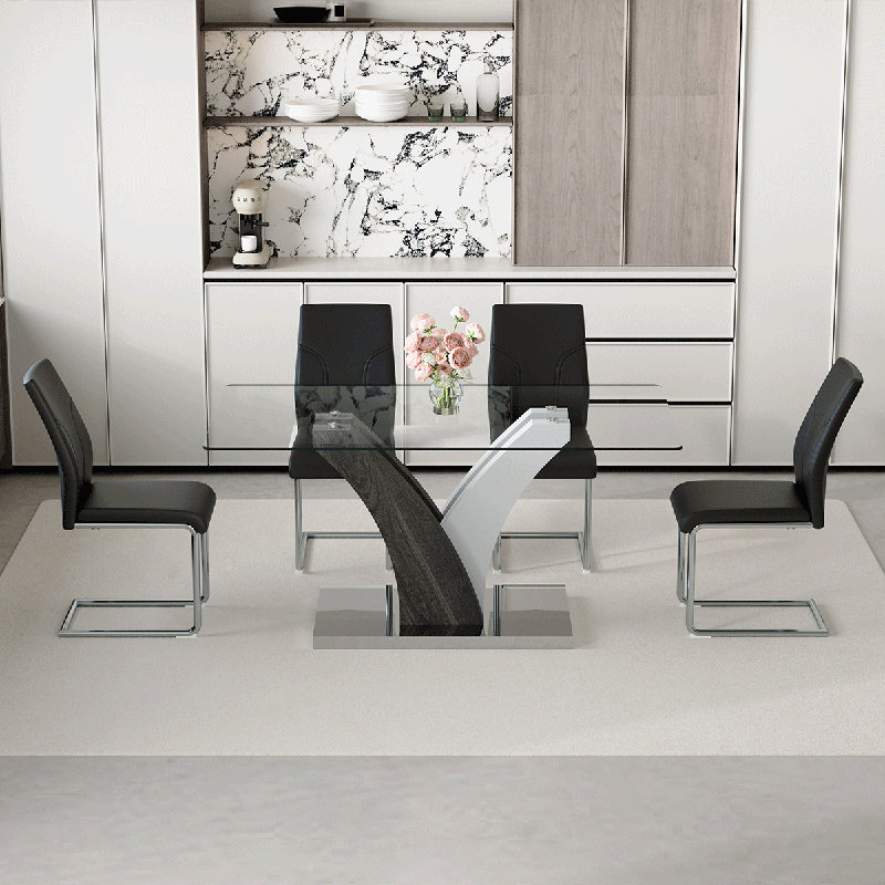 Ensemble de table de salle à manger de 63 po pour 4 personnes, comprenant un plateau en verre et des chaises en cuir. Cet ensemble de salle à manger en verre de 5 pièces convient aux maisons, aux restaurants et aux espaces de bureau.