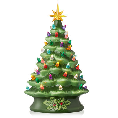 Arbre de Noël en céramique peint à la main, arbre illuminé de 15 pouces avec 128 lumières multicolores et 2 étoiles