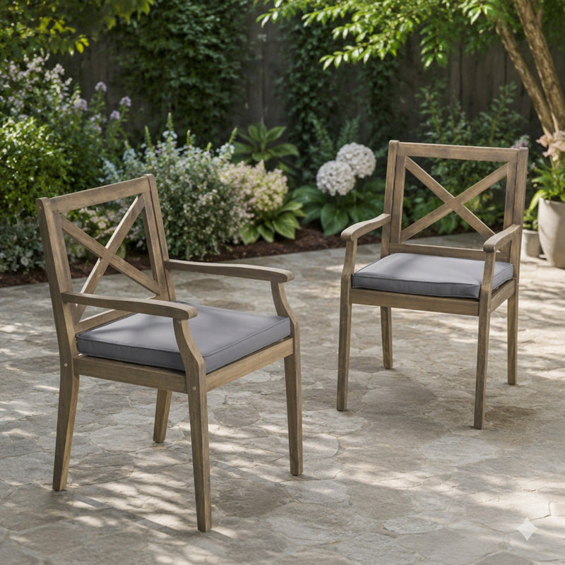 Chaises de salle à manger avec coussins résistants à l'eau, ensemble de 2, structure en bois d'acacia robuste pour l'extérieur