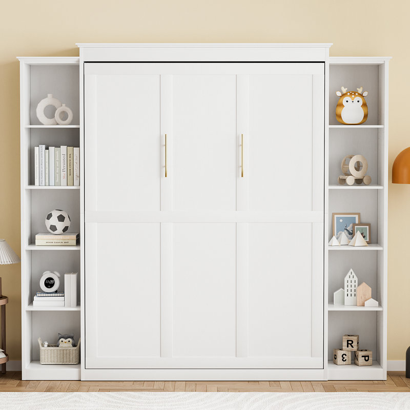Lit escamotable Murphy avec tablettes de rangement, Blanc, Grand lit