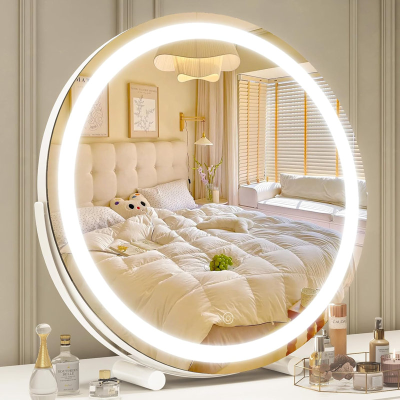 Miroir de salle de bain lumineux avec contrôle tactile intelligent, lumières DEL à intensité variable 3 couleurs, conception ronde rotative à 360 °, base stable pour l'application de maquillage