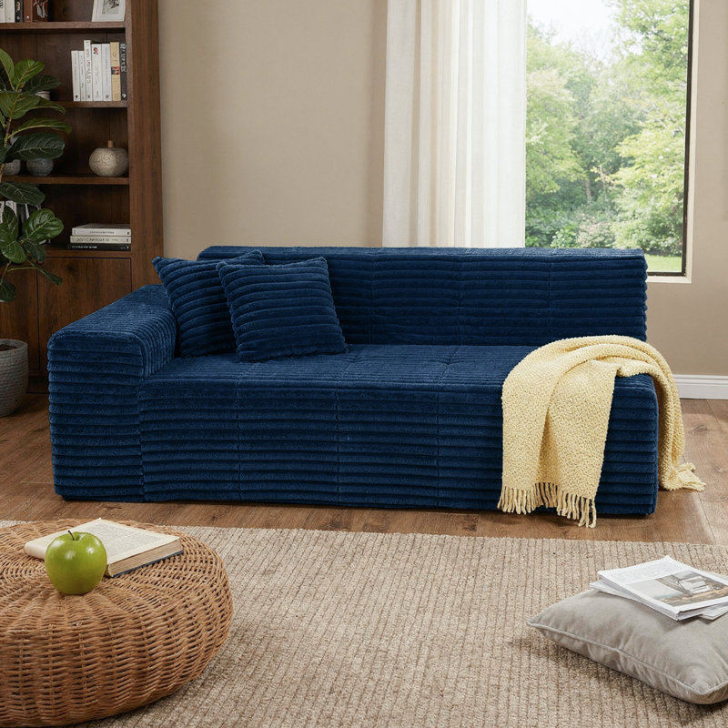 Boneless Upholstered Faux Rabbit Fur Flannel Sofa With Pillows - All Foam Compressed And No-Assembly Modular Design, Navy