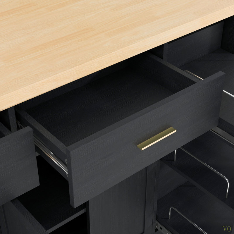 Multi-Functional Storage Sideboard, Trash Can Storage, Sliding Door Cabinet & 3-Tier Spice Rack,Kitchen Island Table For Kitchen, Dining Room