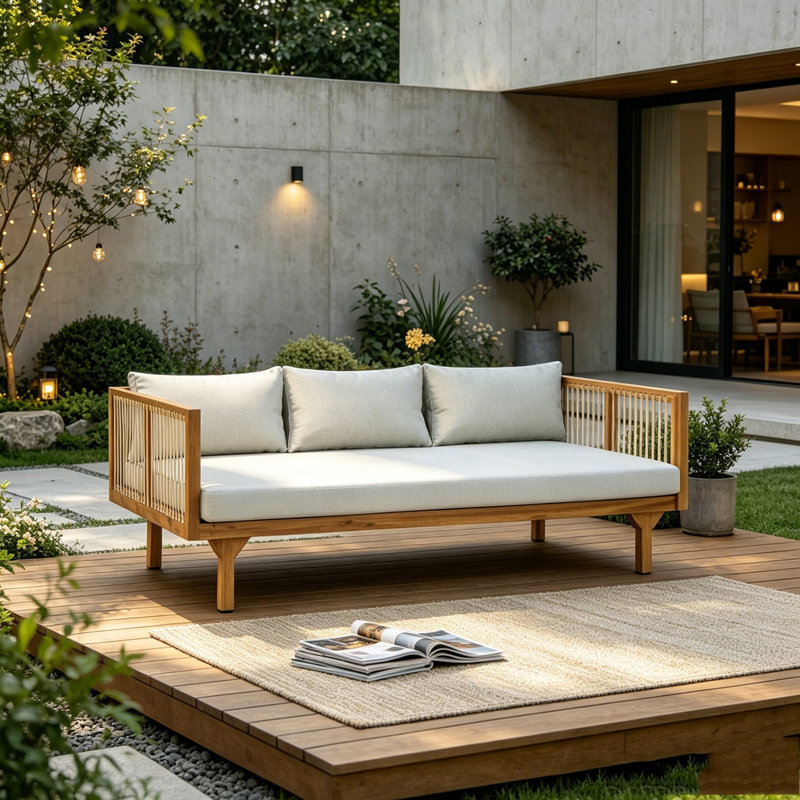 Canapé d'extérieur avec coussin, Gris clair + teck