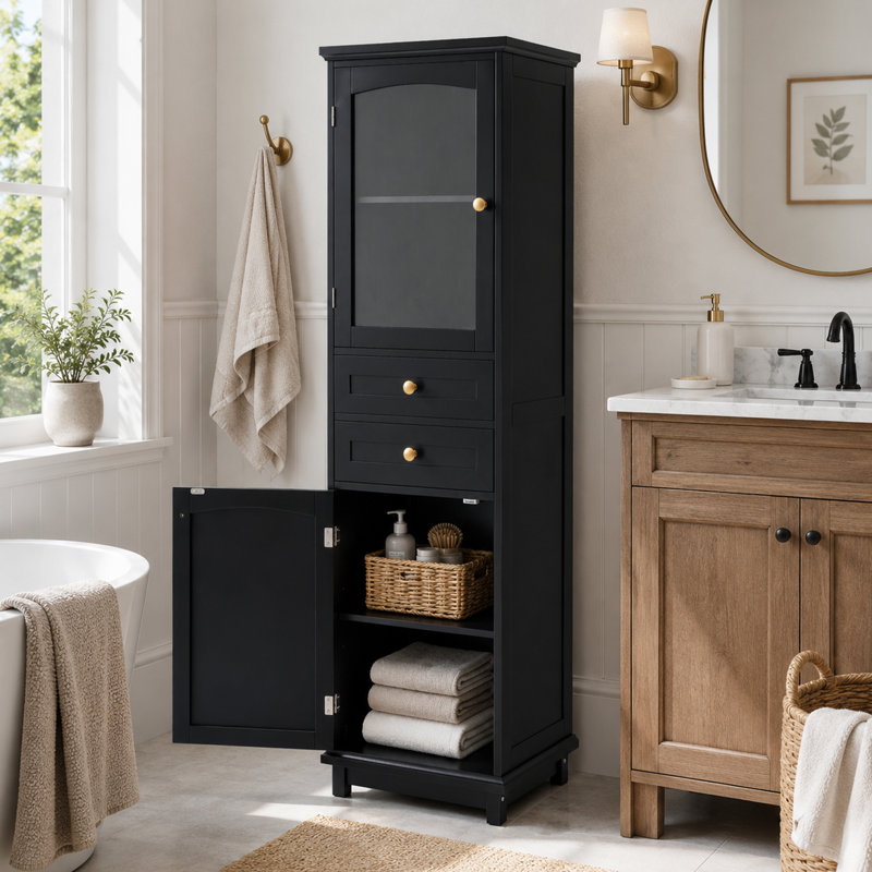 Armoire de rangement de salle de bain 63 "avec tablettes réglables et pieds en bois massif Bconvit, Noir