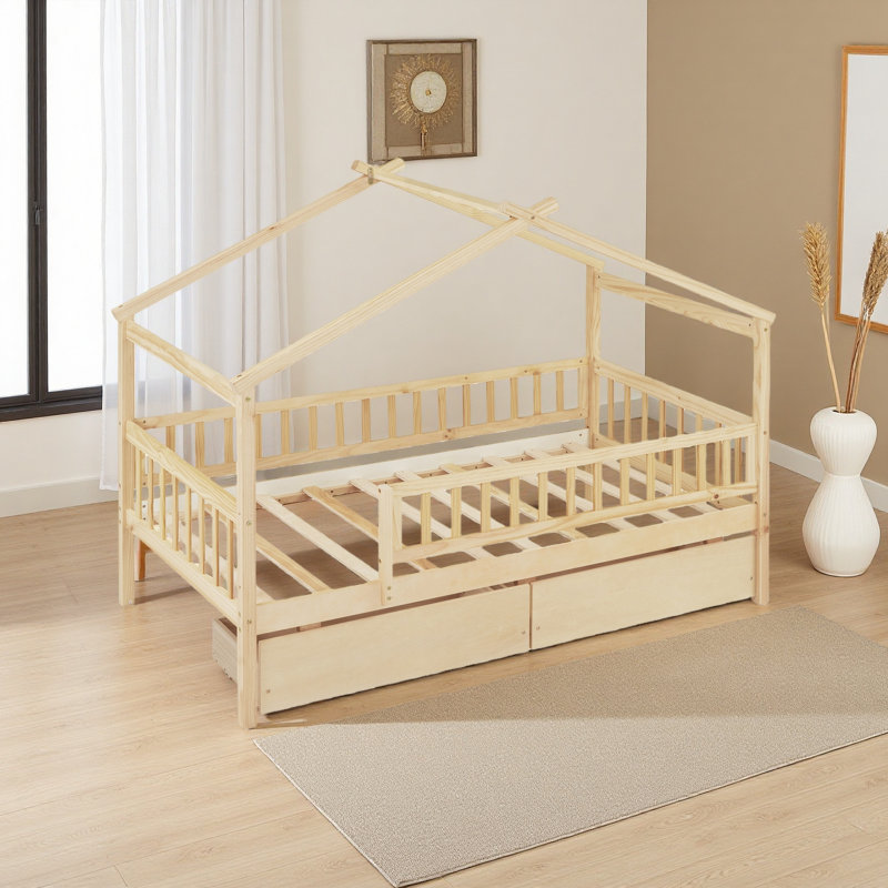 Lit simple en bois avec deux tiroirs, Naturel