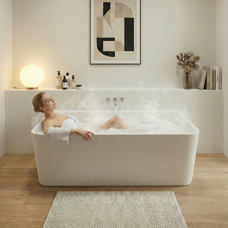 59" × 29.5" Freestanding Soaking Bathtub Solid Surface Stone Resin Soaking Tubs