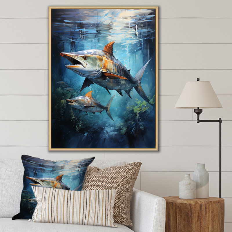 Asmus " Fishing Majestic Marlins Jumping I ", 32" H x 16" W x 1" D, Natural Floater Framed