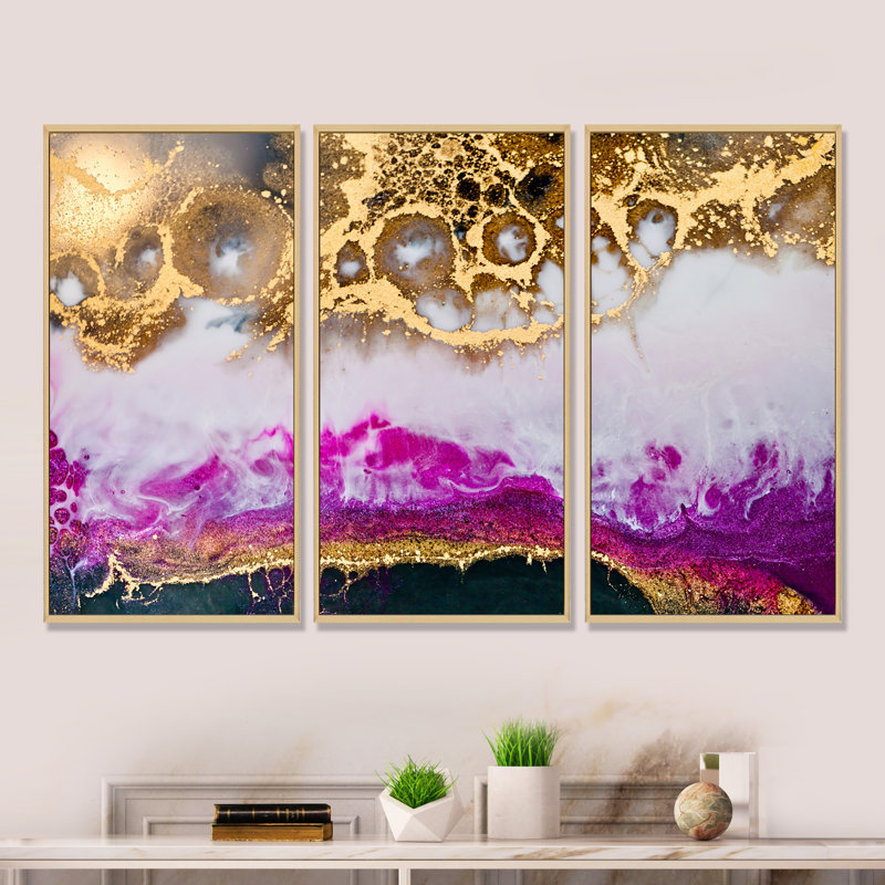 Or blanc et fuchsia résine époxy - ensemble d'art moderne sur toile encadrée moderne de 3, H 28 po x l 36 po x P 1 po, Brun