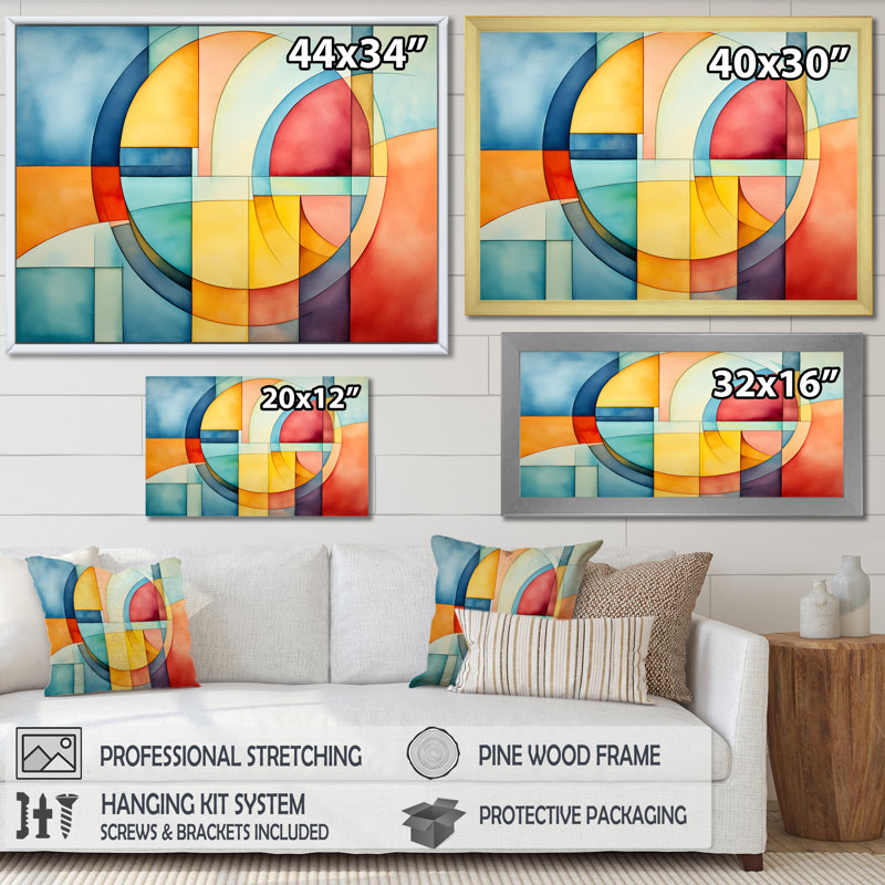 Cubic Soft Colors Tiles IV - Art mural géométrique, Cadre flottant doré, H 24 po x l 32 po x P 1 po