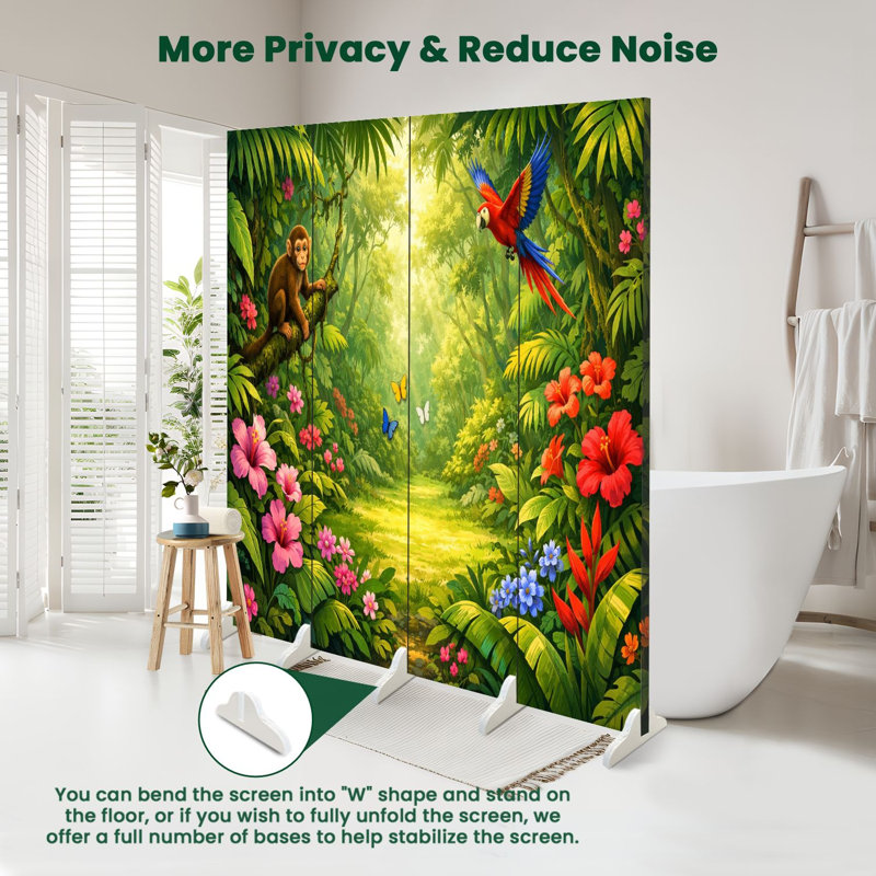 Cloison pliante 4 panneaux paravent Royal Tropical Jungle Vibrant Flowers Dense Green, 4, H 71 po x l 64 po x P 1 po