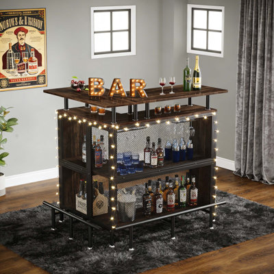 L-Shaped Home Bar Unit Liquor Bar Table with Glasses Holders and Shelves