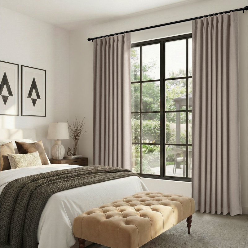 Pinch Pleated 100% Blackout Curtains Linen Blend Drapes with 20 Hooks Curtains for Living Room and Bedroom （Set of 2）