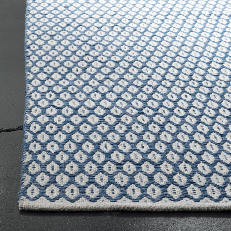Tapis bleu / ivoire en coton tissé à plat Modena, Tapis de couloir 2 pi 3 po x 5 pi