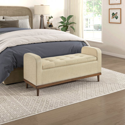 Banc 1 pièce Mid-Century moderne - Bois massif au fini brun clair, plateau relevable avec rangement, siège capitonné