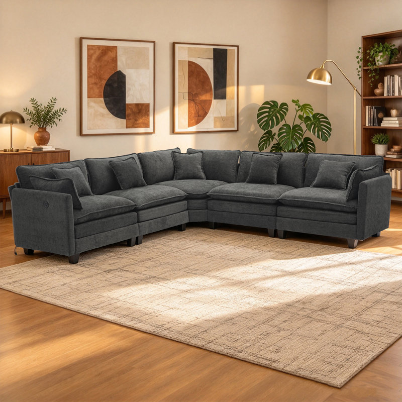 Canapé modulaire en forme de V de 112 po avec port de chargement USB et sièges profonds 112 po, Chenille noir