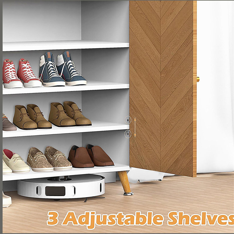 4-Tier Shoe Rack Organizer with 2 Drawer, Wooden Shoe Storage Cabinet with 2 Door & Adjustable Shelves, White/Natural