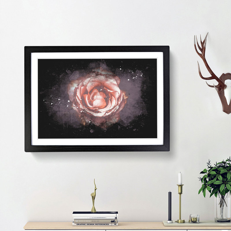 Pink Tipped Rose Flower - Picture Frame Graphic Art Print, 62cm H x 87cm W x 2cm D, Black Framed